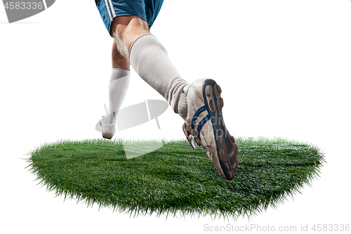 Image of Football player tackling for the ball over white background