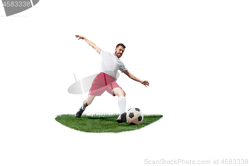 Image of Football player tackling for the ball over white background