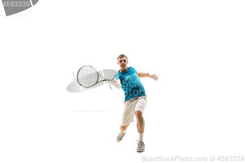 Image of one caucasian man playing tennis player isolated on white background