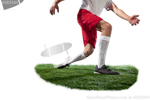 Image of Football player tackling for the ball over white background