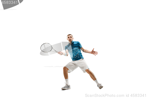 Image of one caucasian man playing tennis player isolated on white background