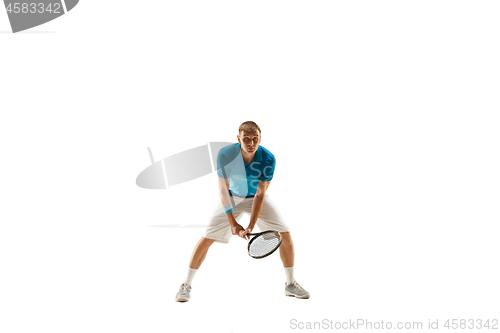 Image of one caucasian man playing tennis player isolated on white background