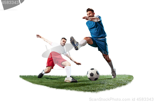 Image of Football players tackling for the ball over white background