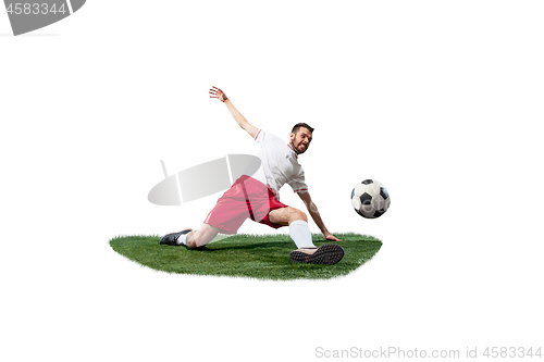 Image of Football player tackling for the ball over white background