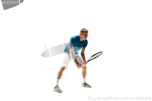 Image of one caucasian man playing tennis player isolated on white background