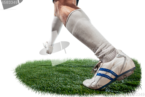 Image of Football player tackling for the ball over white background