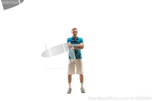 Image of one caucasian man as tennis player posing isolated on white background