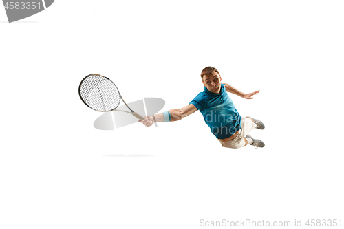 Image of one caucasian man playing tennis player isolated on white background