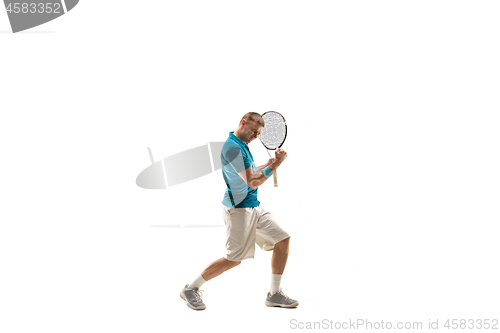 Image of one caucasian man playing tennis player isolated on white background