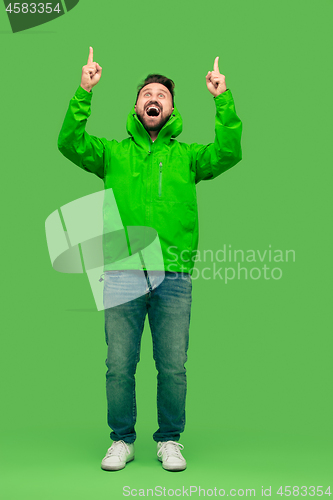 Image of handsome bearded young man looking at camera isolated on green