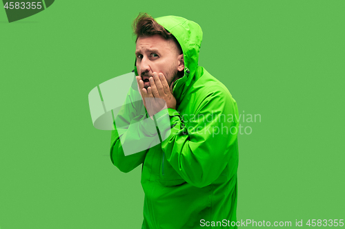 Image of handsome bearded young man isolated on green