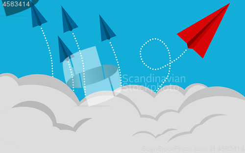 Image of Red paper airplane flying changing direction on blue sky