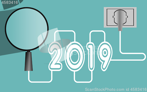 Image of Magnifying glass and year 2019 with plug at the end