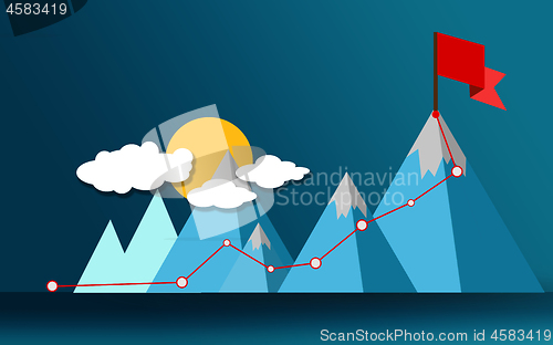 Image of Way to success, flag on the mountain peak