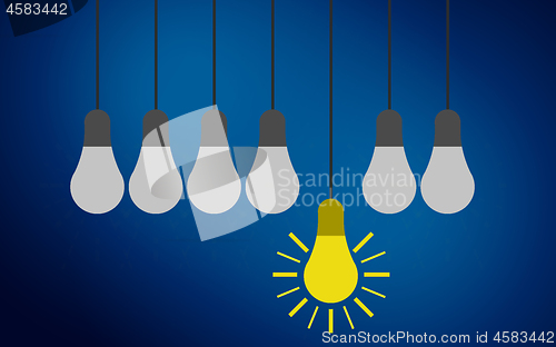 Image of One light bulb standing out from other bulbs