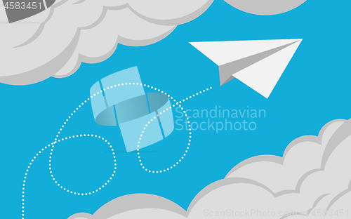 Image of White paper plane flying on blue sky