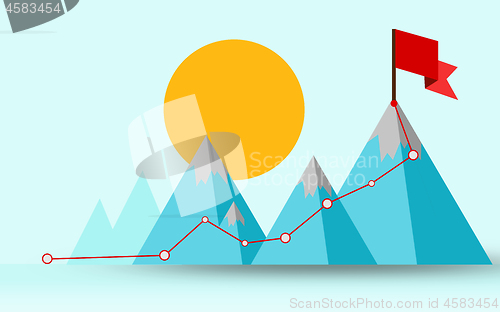 Image of Way to success, flag on the mountain peak