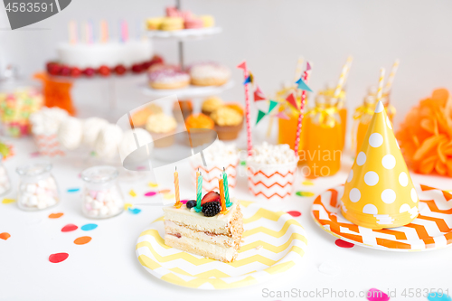 Image of piece of cake on plate at birthday party