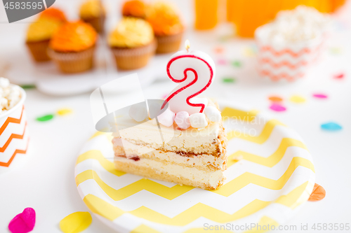 Image of piece of cake on plate at birthday party