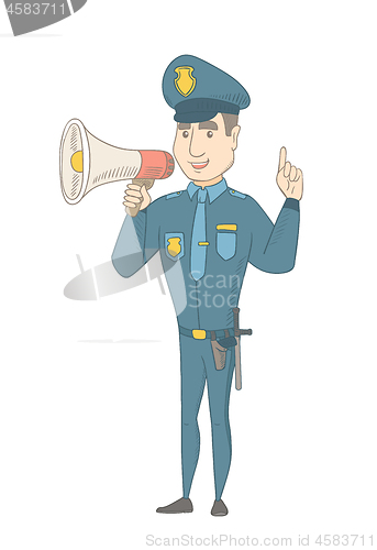 Image of Caucasian policeman speaking into loudspeaker.