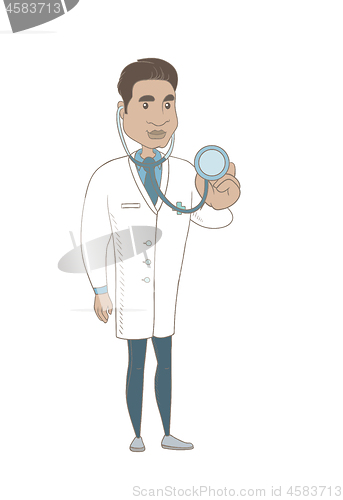 Image of Young hispanic doctor holding a stethoscope.