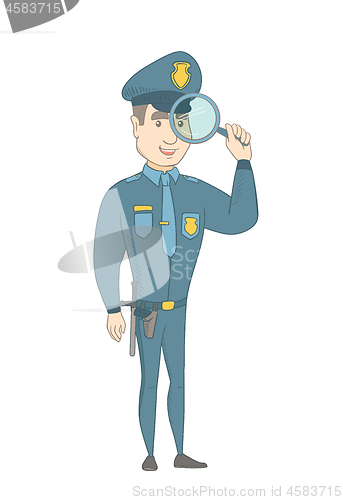 Image of Young caucasian detective with magnifying glass.