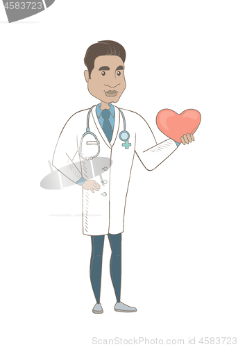 Image of Hispanic cardiologist holding a big red heart.