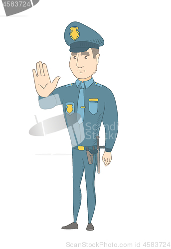 Image of Caucasian policeman showing stop hand gesture.