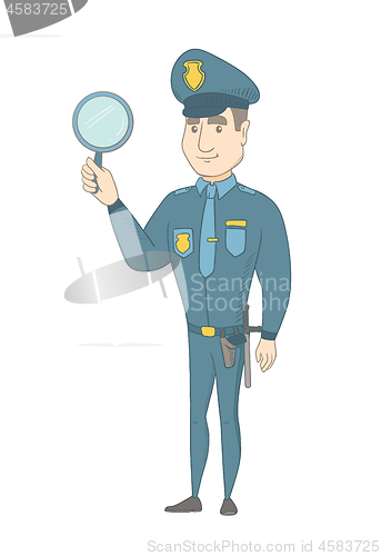 Image of Young caucasian policeman holding a hand mirror.