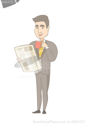 Image of Businessman drinking coffee and reading newspaper.