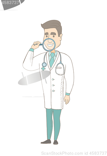 Image of Caucasian dentist examining teeth with a magnifier