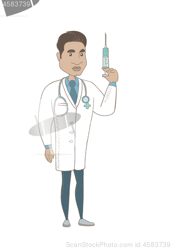 Image of Young hispanic doctor holding syringe.