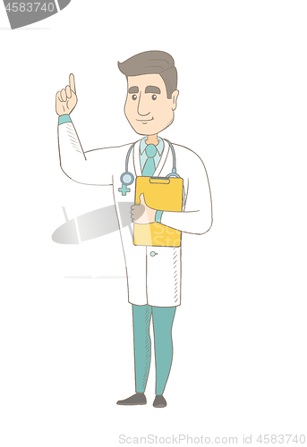 Image of Caucasian doctor holding clipboard with documents.