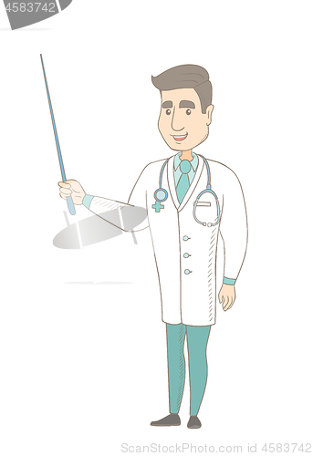 Image of Young caucasian doctor holding pointer stick.