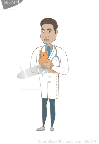 Image of Young hispanic veterinarian with cat in hands.