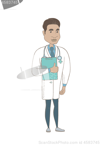 Image of Hispanic doctor holding clipboard with papers.