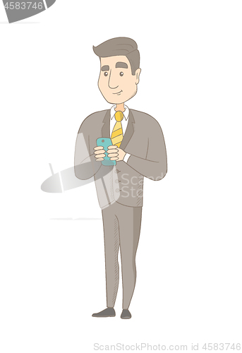 Image of Caucasian businessman holding a mobile phone.
