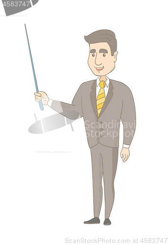 Image of Young caucasian businessman with a pointer.