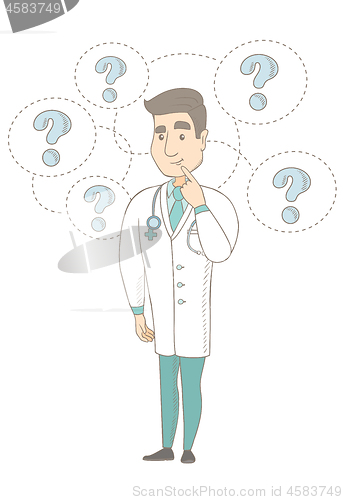 Image of Thinking caucasian doctor with question marks.