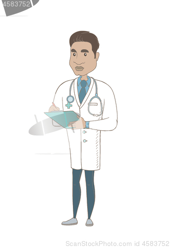 Image of Hispanic doctor holding clipboard with documents.