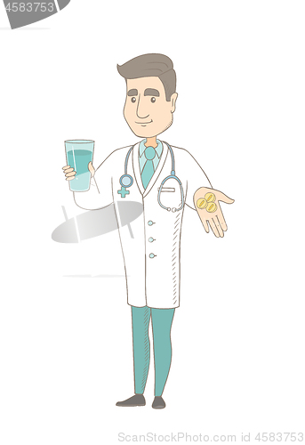 Image of Young pharmacist giving pills and glass of water.