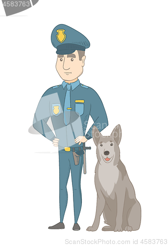 Image of Caucasian police officer standing near police dog.