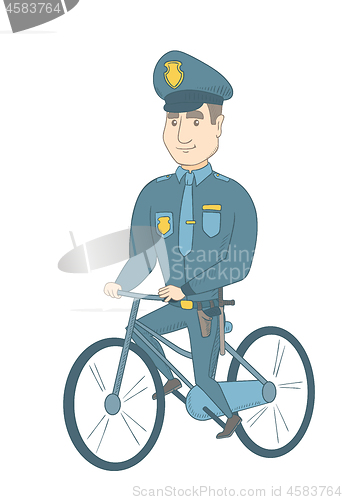 Image of Young caucasian police officer on bicycle.