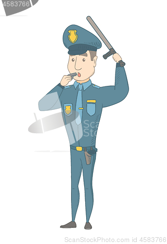 Image of Young caucasian police officer whistling.