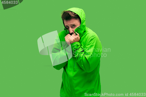 Image of handsome bearded young man isolated on green