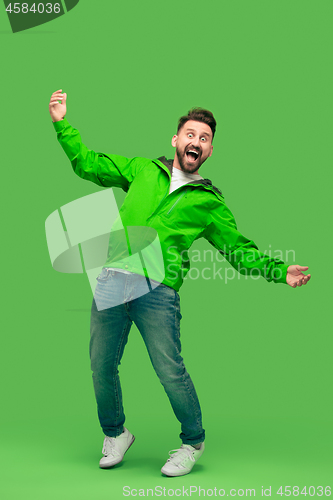 Image of handsome bearded young man looking at camera isolated on green