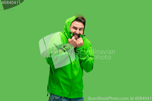 Image of handsome bearded young man looking at camera isolated on green