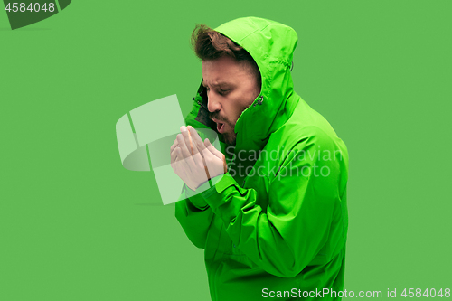 Image of handsome bearded young man isolated on green