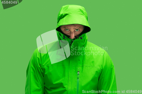 Image of handsome bearded young man isolated on green