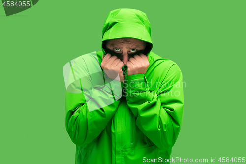 Image of handsome bearded young man isolated on green